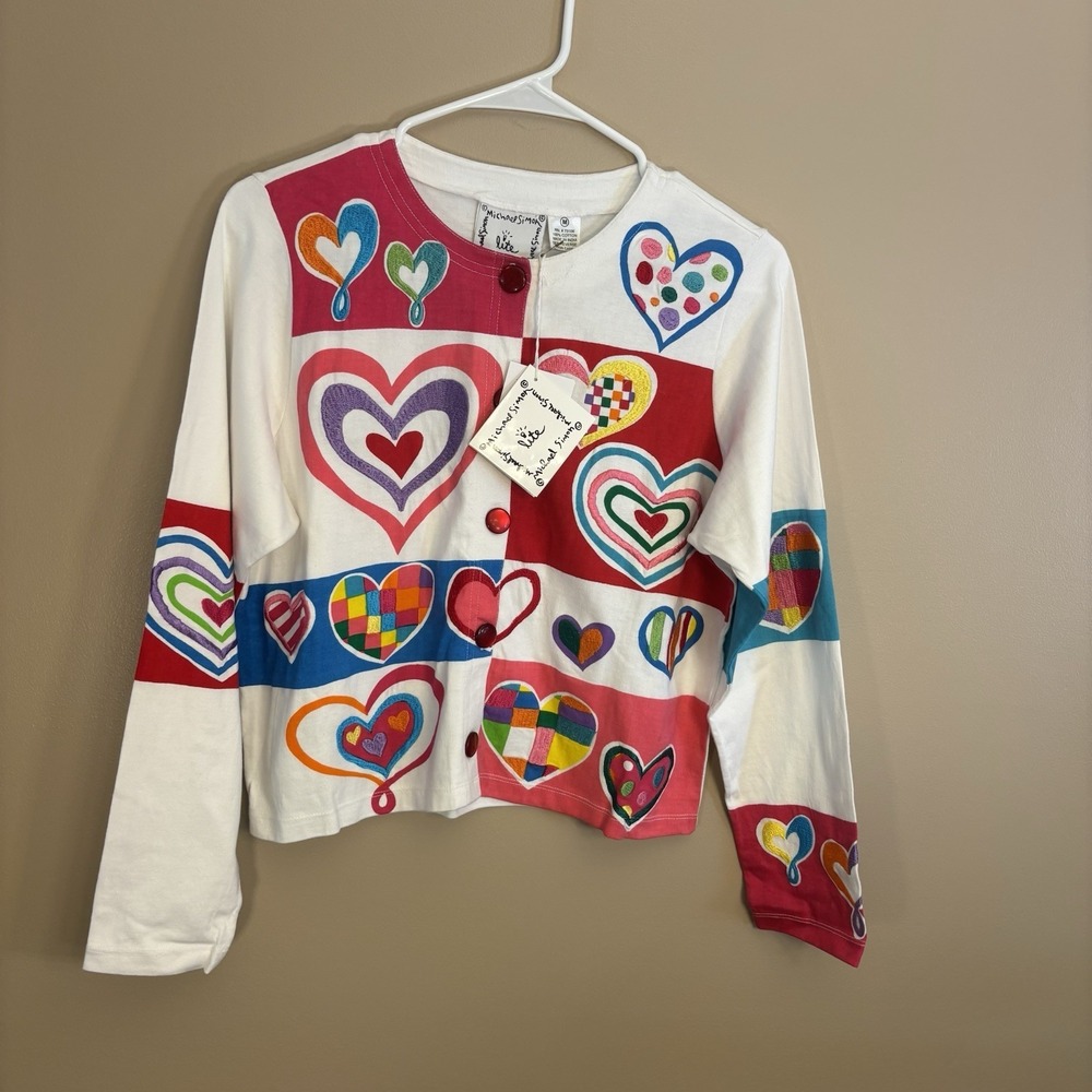 Michael Simon Multi Heart Patchwork Cardigan Sweater Whimsical Women's Medium